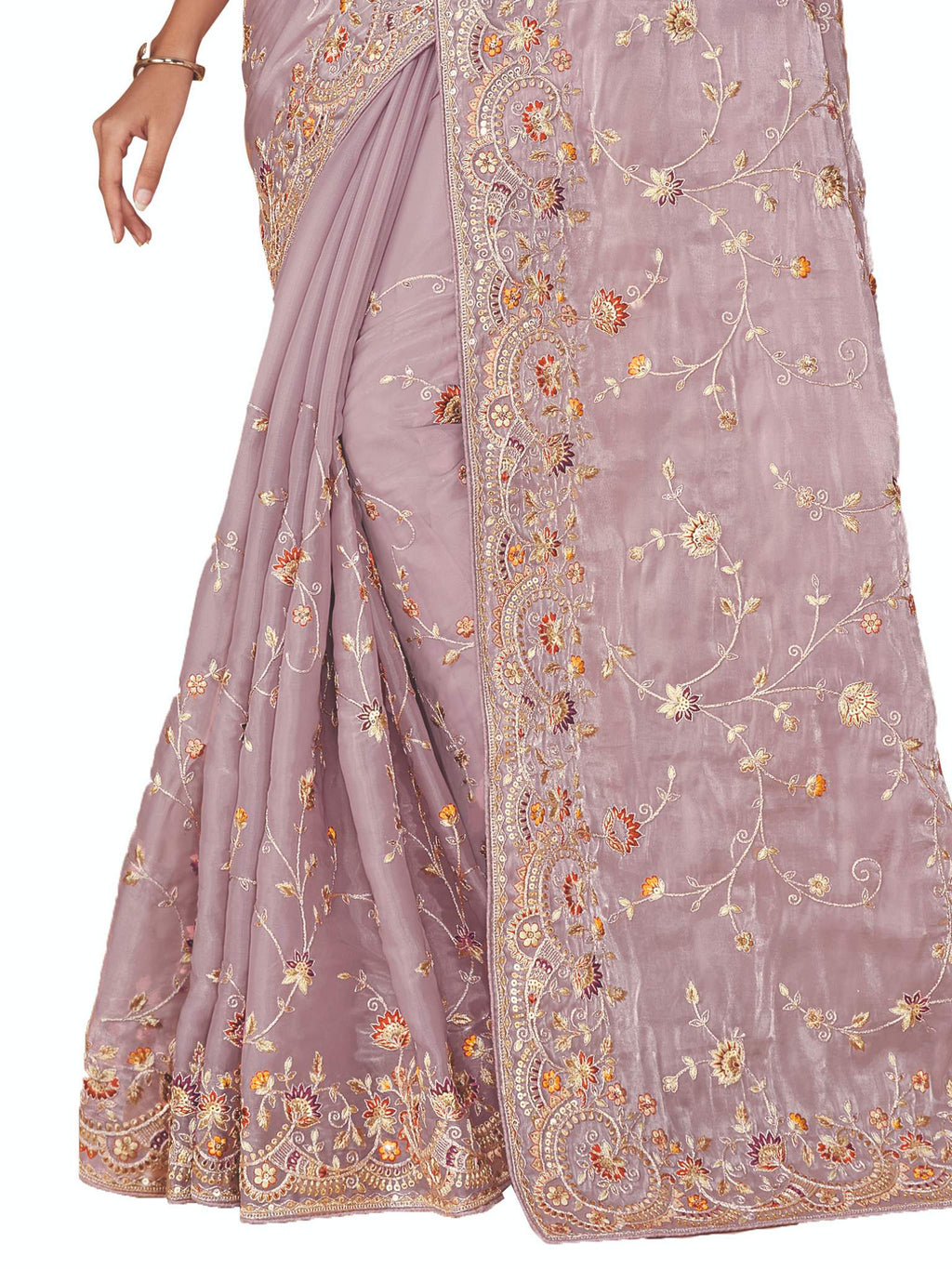 Mauve Satin Silk Floral Embroidery Saree - View 1