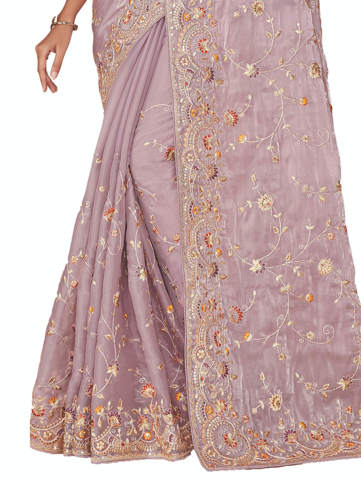 Mauve Satin Silk Floral Embroidery Saree - View 1