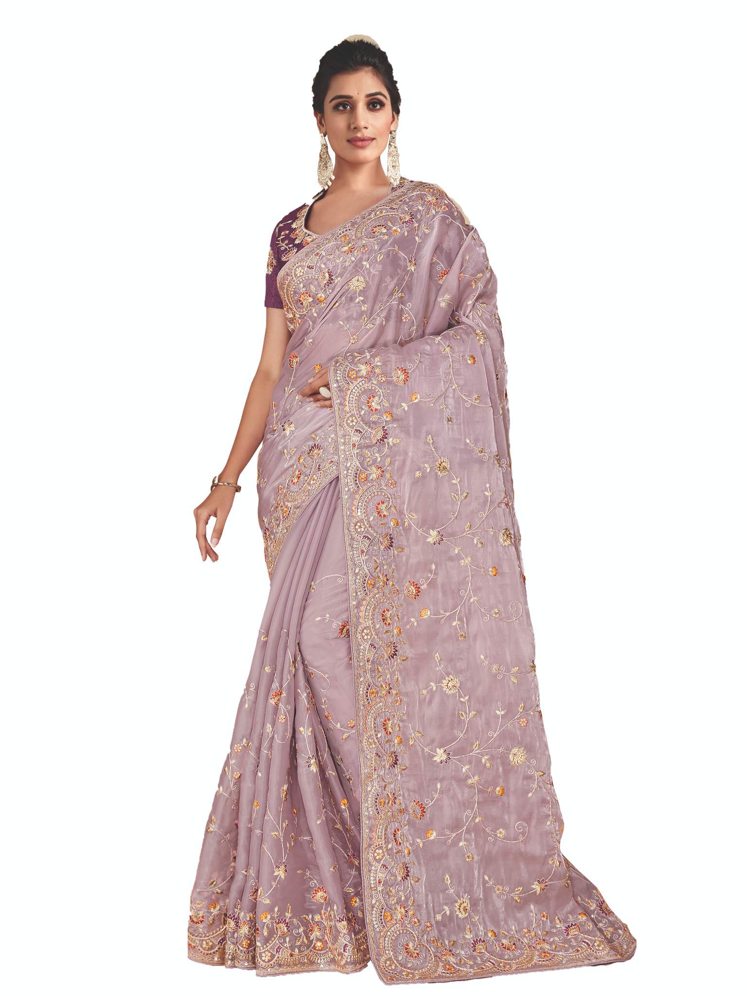 Mauve Satin Silk Floral Embroidery Saree