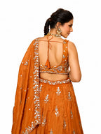 Orange Semi-Stitched Embroidered, Sequence Work, Zari Work, Floral Motifs Tissue Lehengas