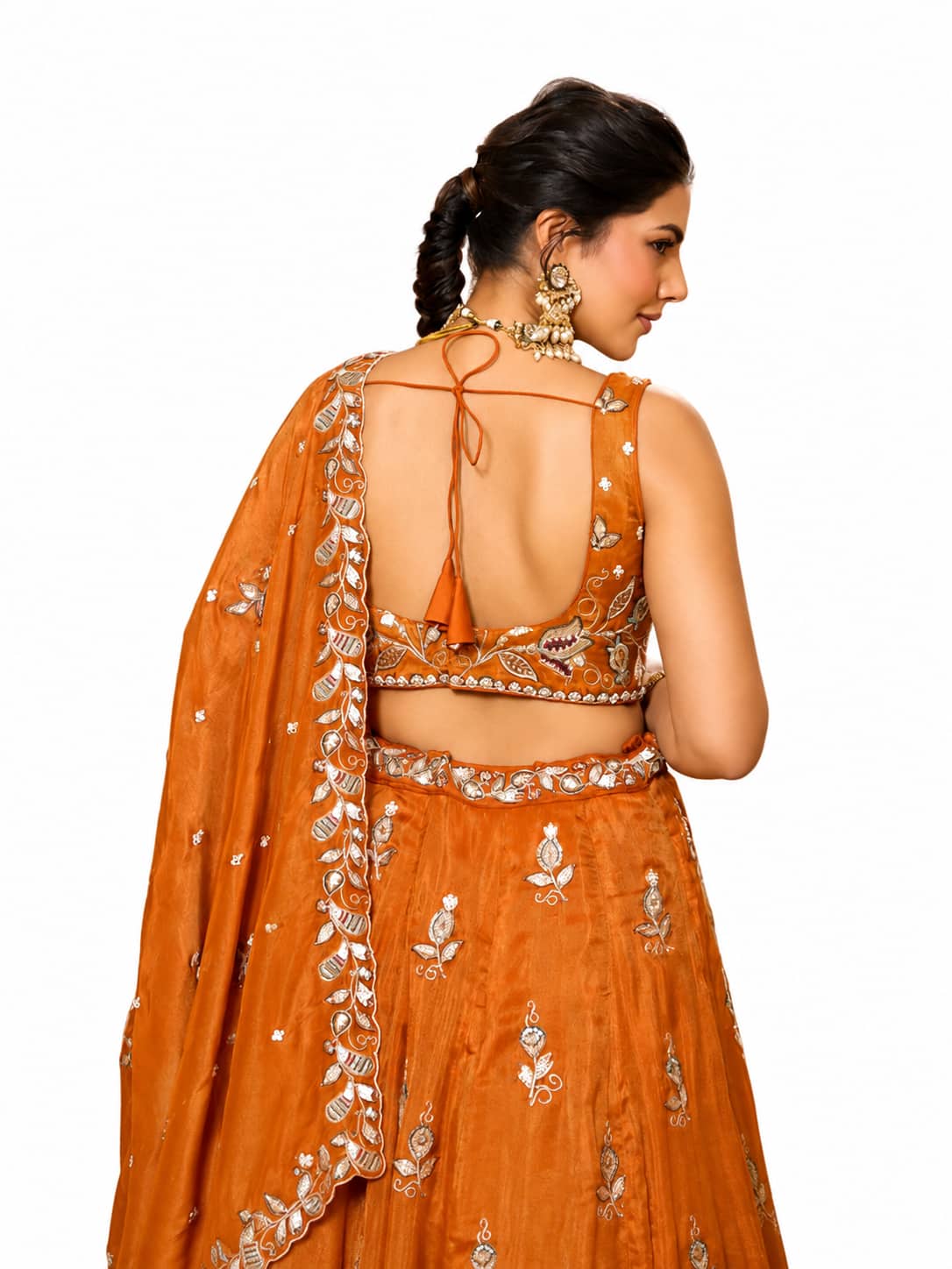 Orange Semi-Stitched Embroidered, Sequence Work, Zari Work, Floral Motifs Tissue Lehengas