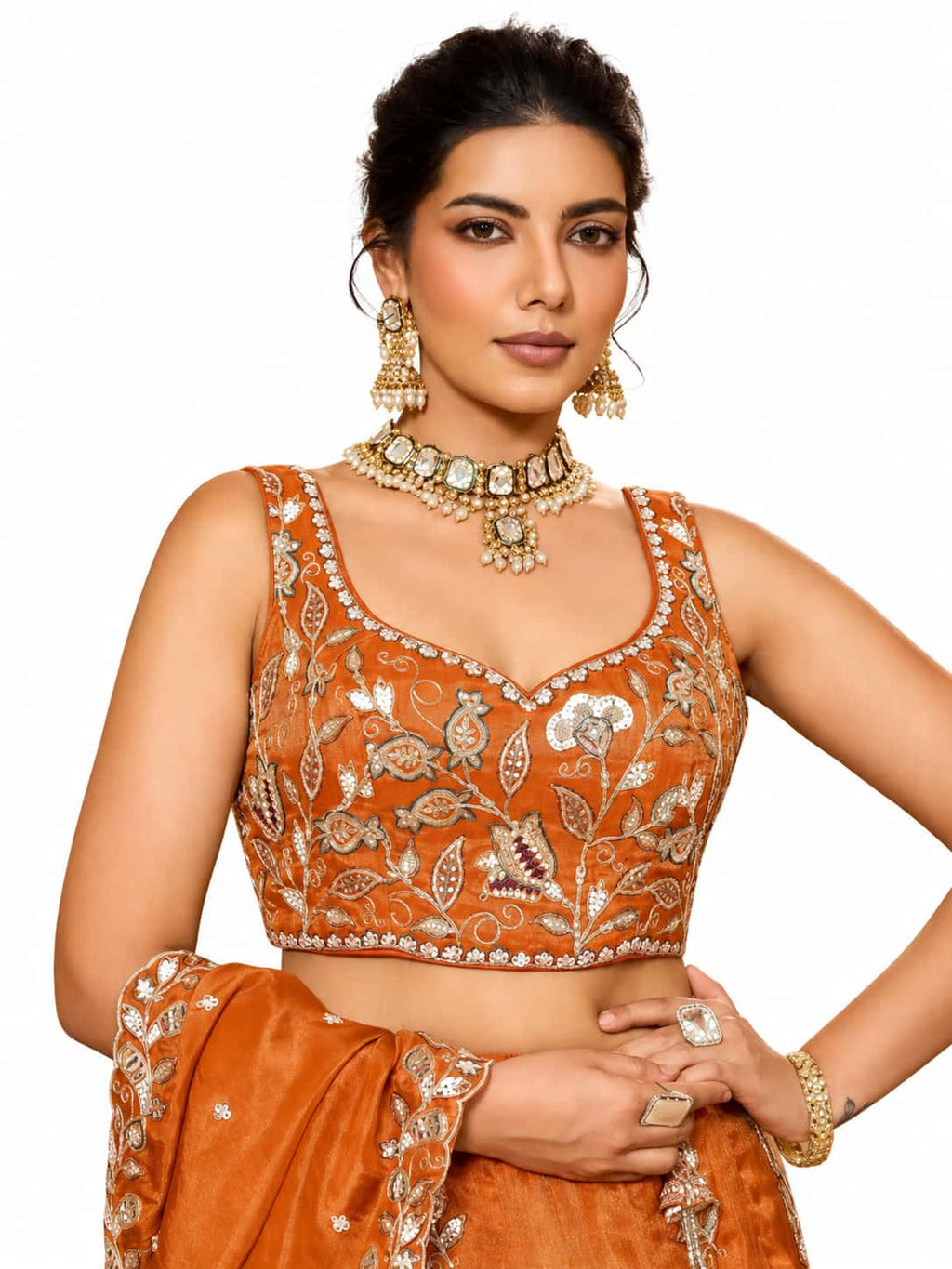 Orange Semi-Stitched Embroidered, Sequence Work, Zari Work, Floral Motifs Tissue Lehengas