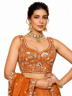 Orange Semi-Stitched Embroidered, Sequence Work, Zari Work, Floral Motifs Tissue Lehengas
