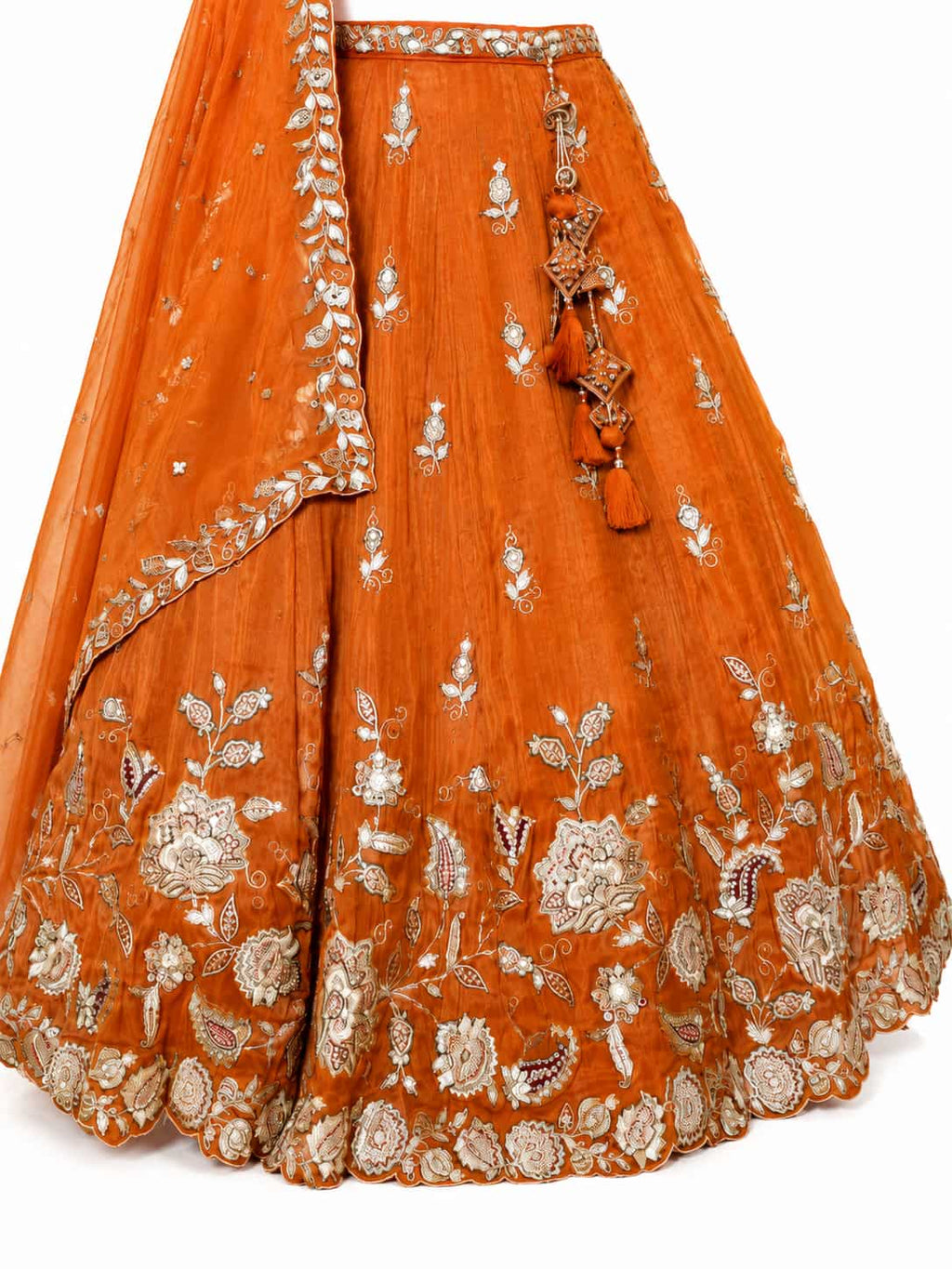 Orange Semi-Stitched Embroidered, Sequence Work, Zari Work, Floral Motifs Tissue Lehengas