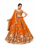 Orange Semi-Stitched Embroidered, Sequence Work, Zari Work, Floral Motifs Tissue Lehengas