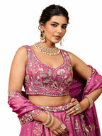 Pink Semi-Stitched Embroidered, Sequence Work, Zari Work, Floral Motifs Tissue Lehengas