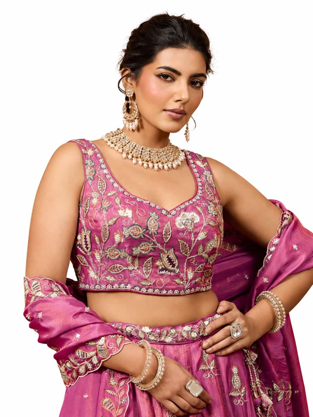 Pink Semi-Stitched Embroidered, Sequence Work, Zari Work, Floral Motifs Tissue Lehengas