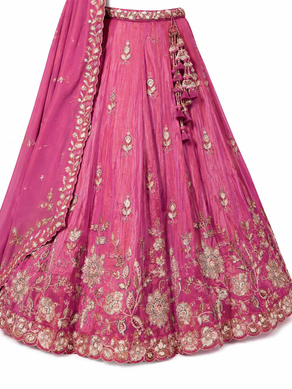 Pink Semi-Stitched Embroidered, Sequence Work, Zari Work, Floral Motifs Tissue Lehengas