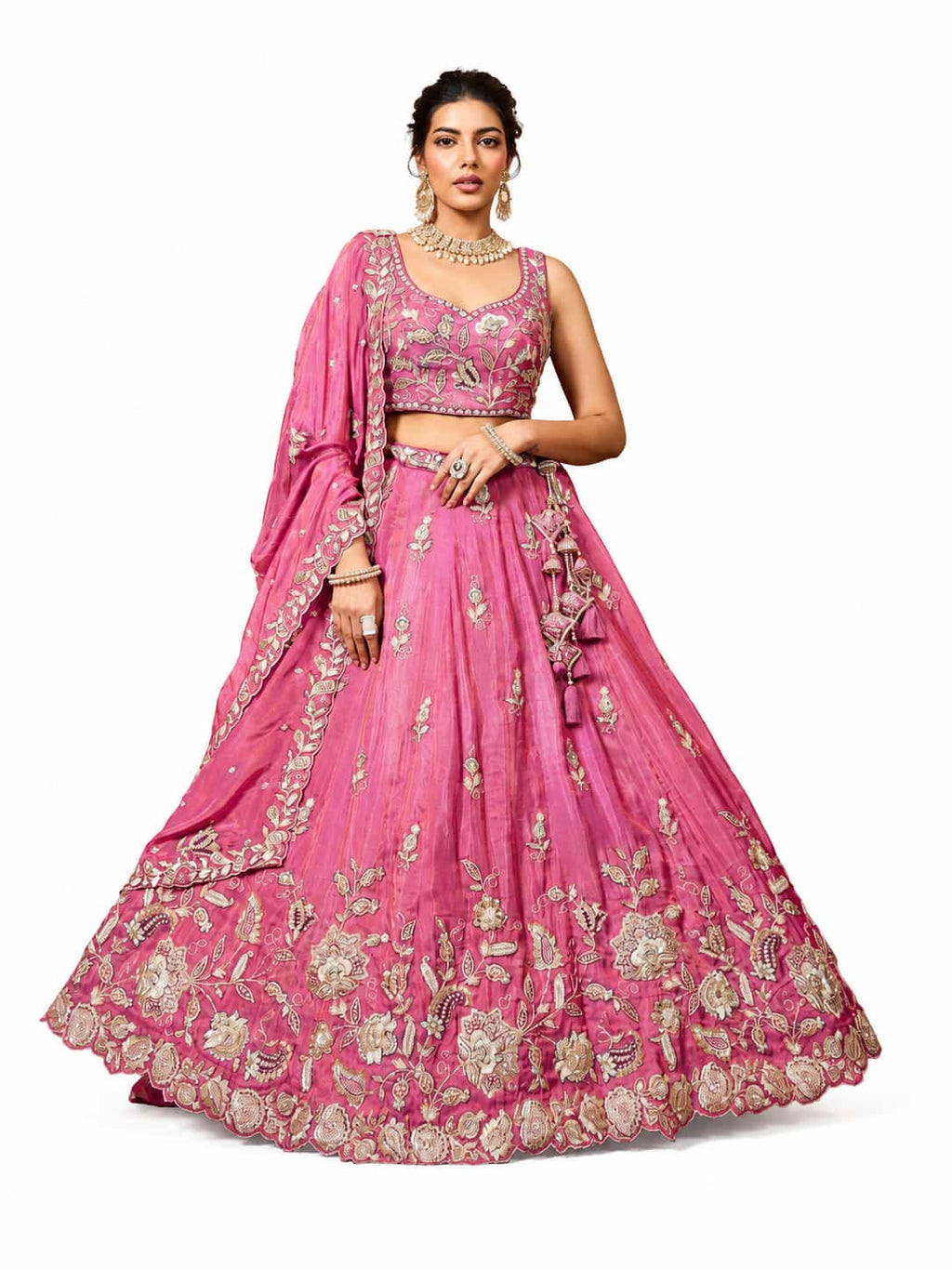Pink Semi-Stitched Embroidered, Sequence Work, Zari Work, Floral Motifs Tissue Lehengas