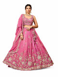 Pink Semi-Stitched Embroidered, Sequence Work, Zari Work, Floral Motifs Tissue Lehengas