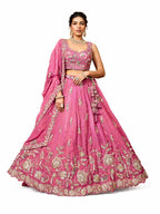 Pink Semi-Stitched Embroidered, Sequence Work, Zari Work, Floral Motifs Tissue Lehengas