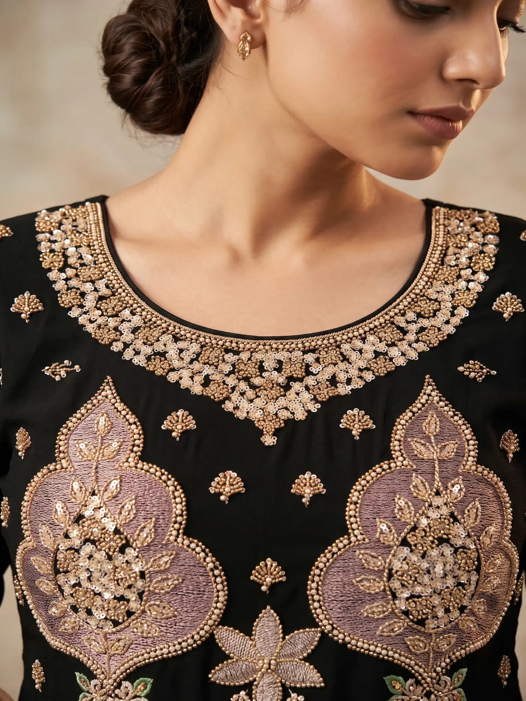 Black Embroidered Real Chinnon Palazzo Suit Set - View 2