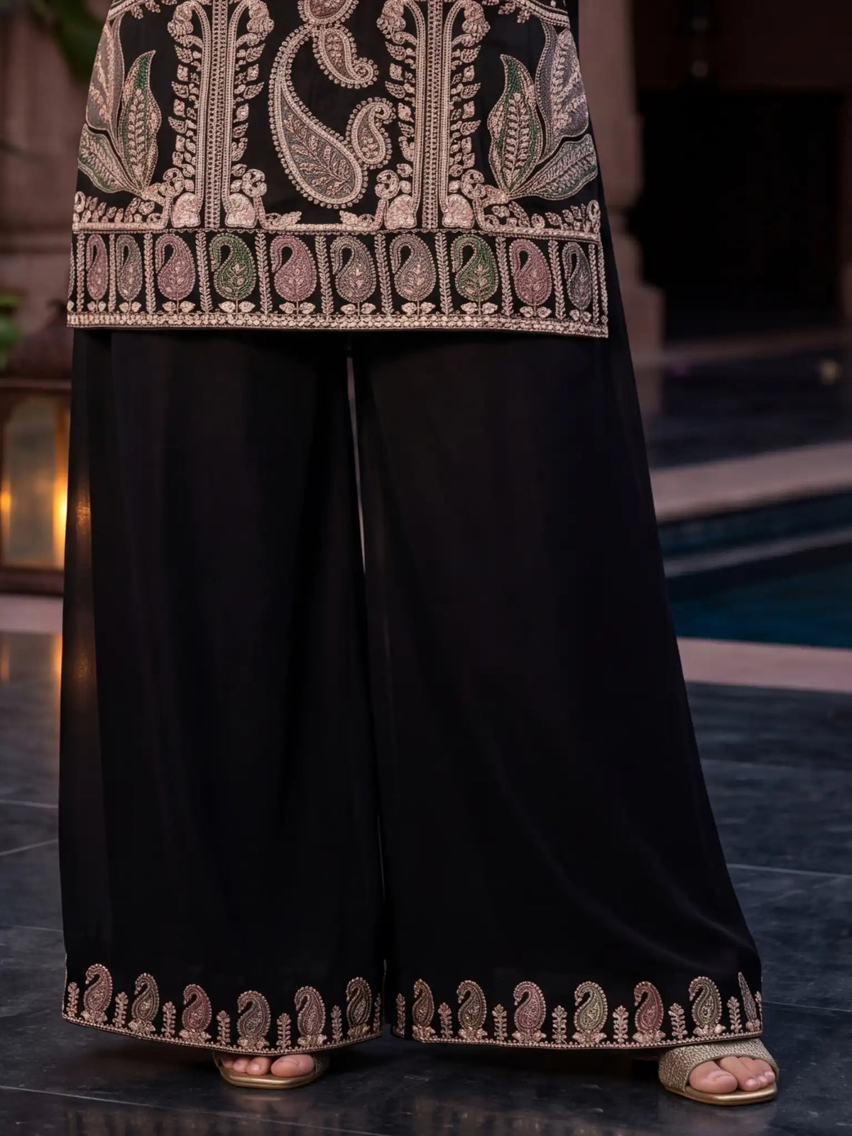 Black Embroidered Real Chinnon Palazzo Suit Set - View 3