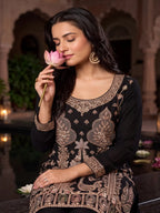 Black Embroidered Real Chinnon Palazzo Suit Set - View 4