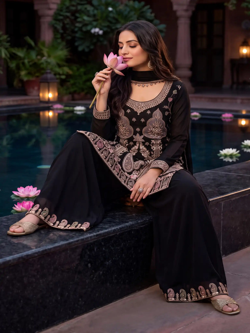 Black Embroidered Real Chinnon Palazzo Suit Set - View 5