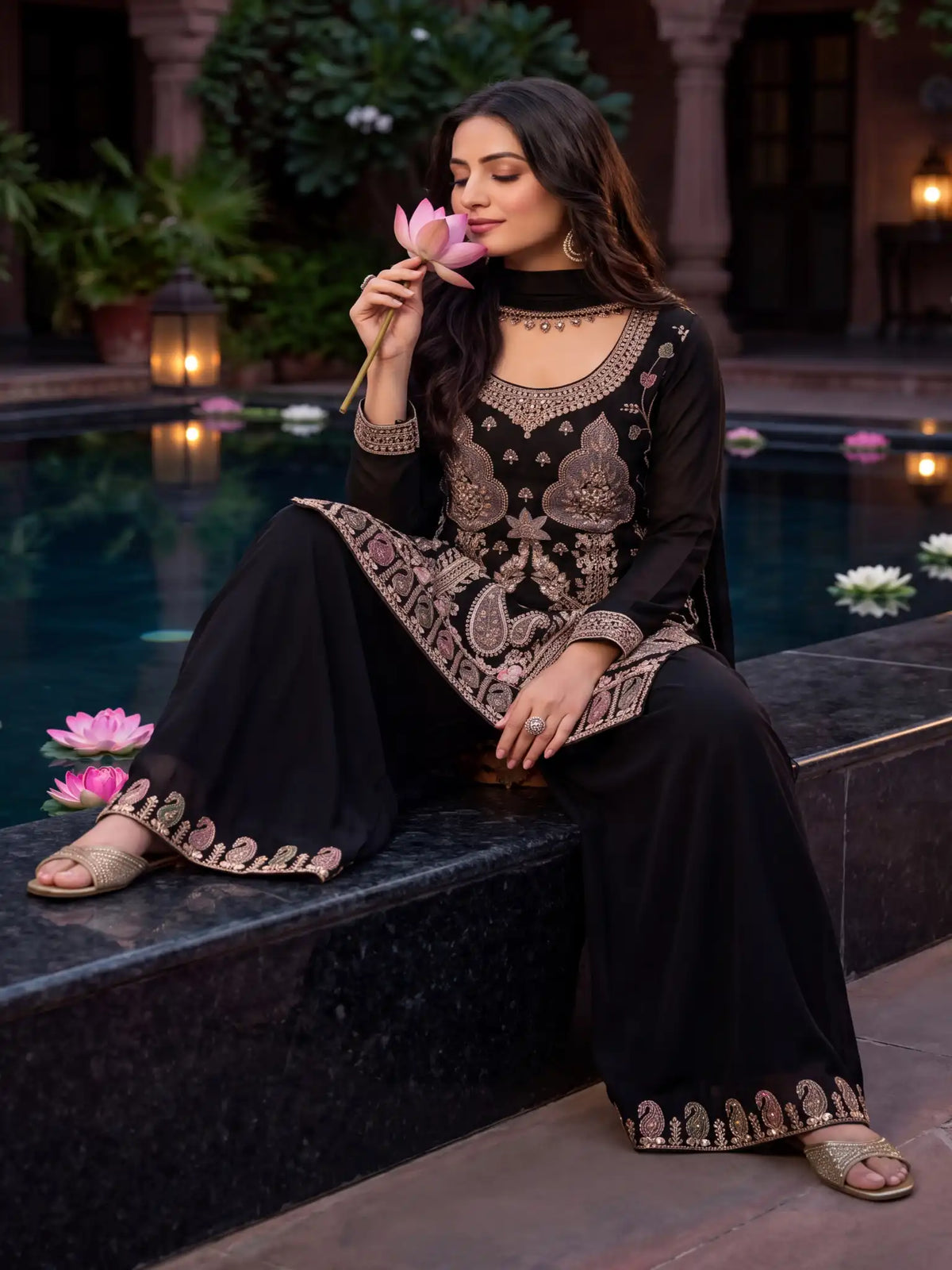Black Embroidered Real Chinnon Palazzo Suit Set - View 5