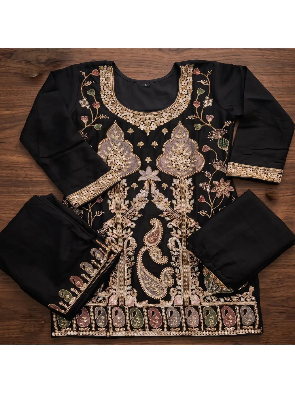 Black Embroidered Real Chinnon Palazzo Suit Set - View 7