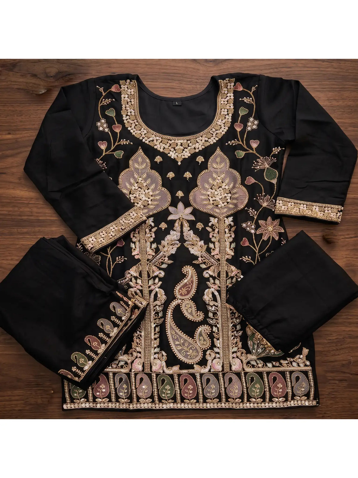 Black Embroidered Real Chinnon Palazzo Suit Set - View 7