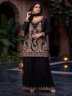 Black Embroidered Real Chinnon Palazzo Suit Set - View 1