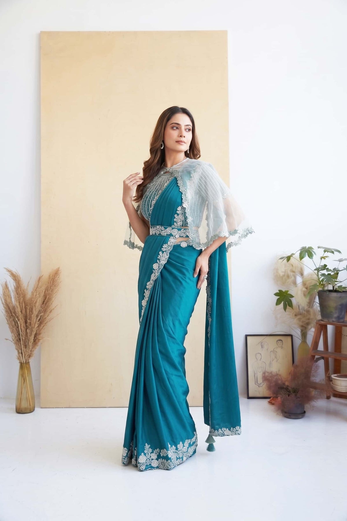 Teal Peacock Blue Pre-Stitched Drape Saree - Back Angle and Cape Flow