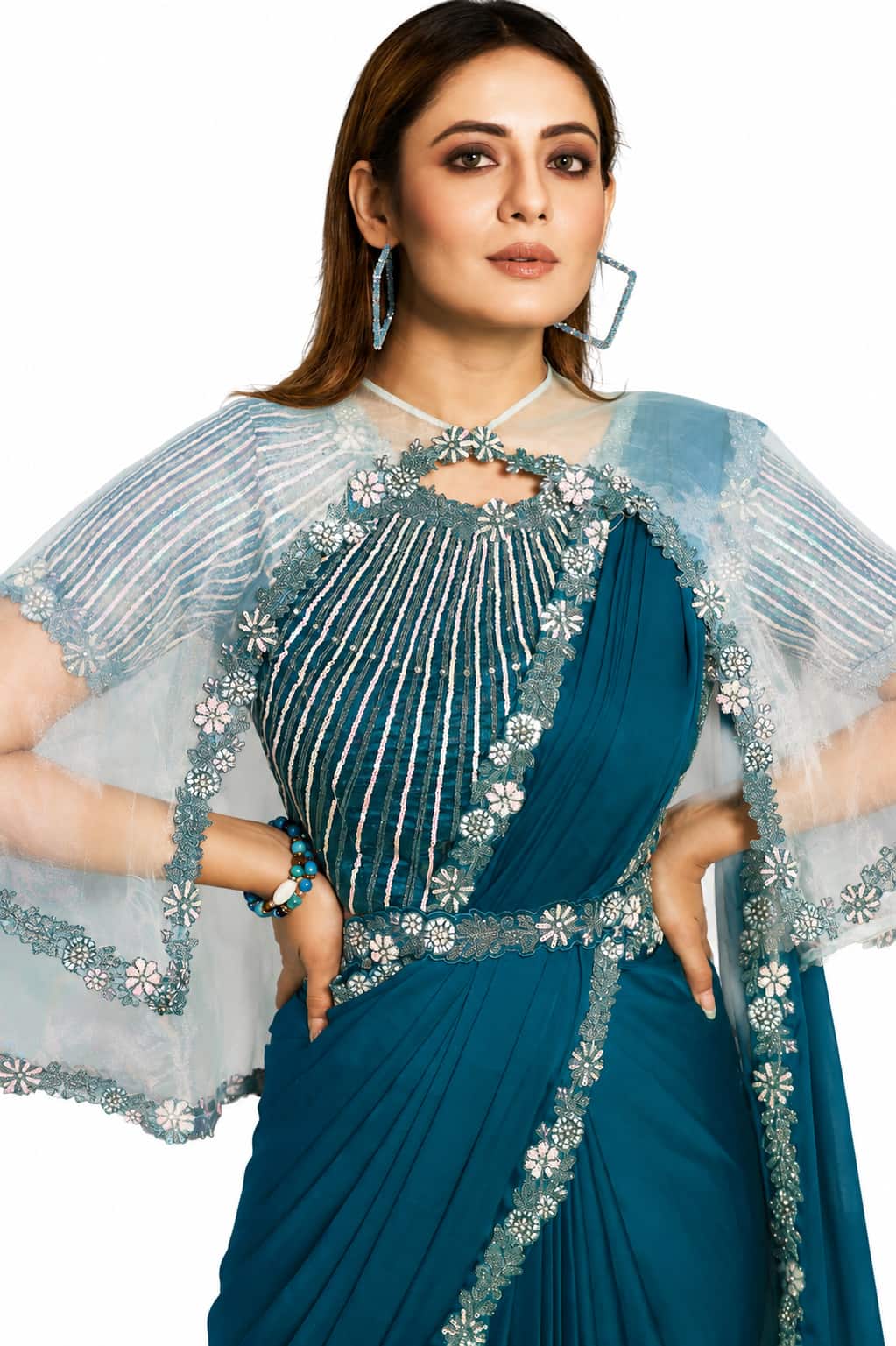 Teal Peacock Blue Saree - Sheer Cape and Neckline Embroidery Detail