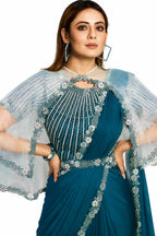 Teal Peacock Blue Saree - Sheer Cape and Neckline Embroidery Detail