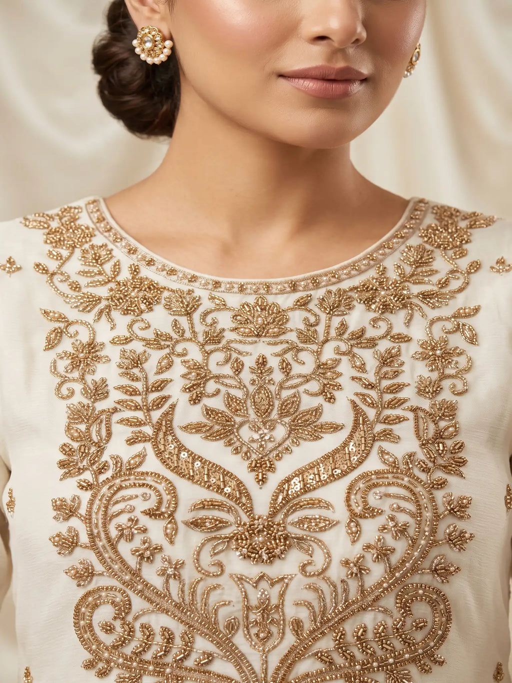 Off White Embroidered Real Chinnon Palazzo Suit Set - View 2