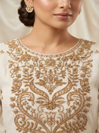 Off White Embroidered Real Chinnon Palazzo Suit Set - View 2