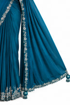 Teal Peacock Blue Drape Saree - Pleats and Embroidered Hem Close-up