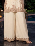 Off White Embroidered Real Chinnon Palazzo Suit Set - View 3
