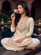Off White Embroidered Real Chinnon Palazzo Suit Set - View 5