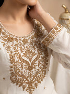 Off White Embroidered Real Chinnon Palazzo Suit Set - View 7