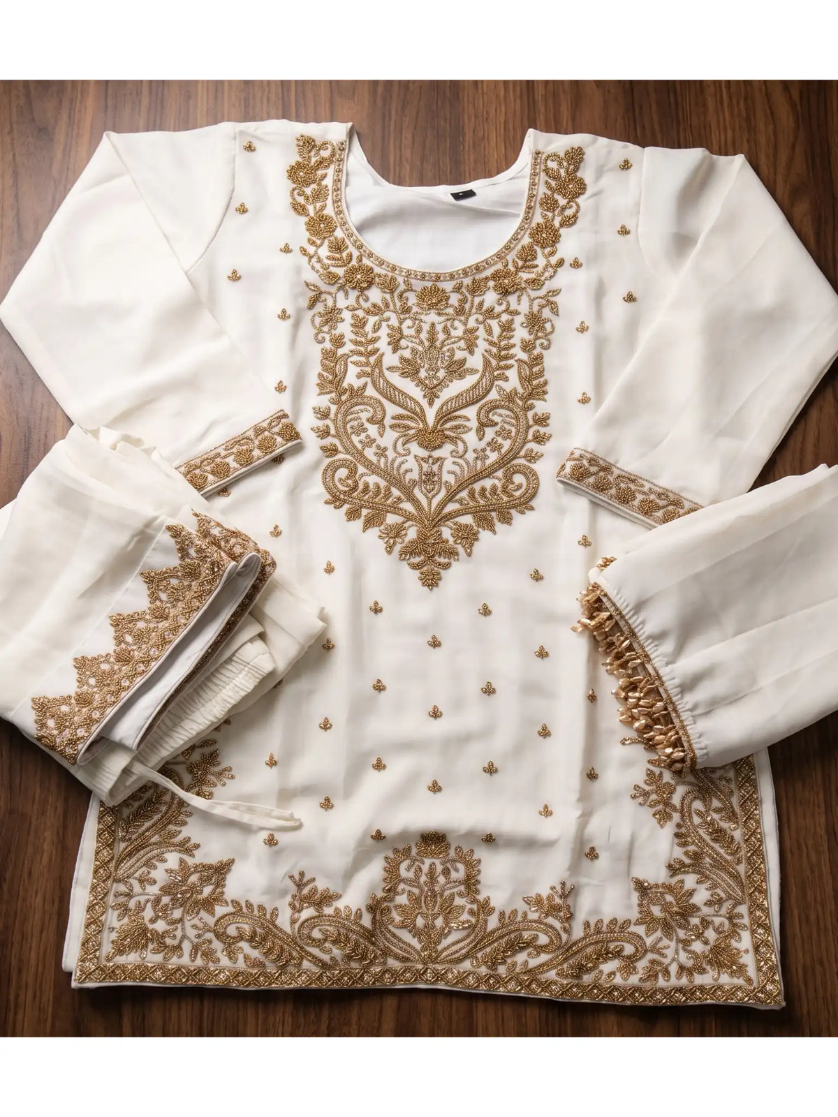 Off White Embroidered Real Chinnon Palazzo Suit Set - View 8