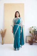 Teal Peacock Blue Ready-to-Wear Drape Saree - Full Front View with Poncho Cape
