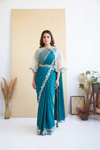 Teal Peacock Blue Ready-to-Wear Drape Saree - Full Front View with Poncho Cape