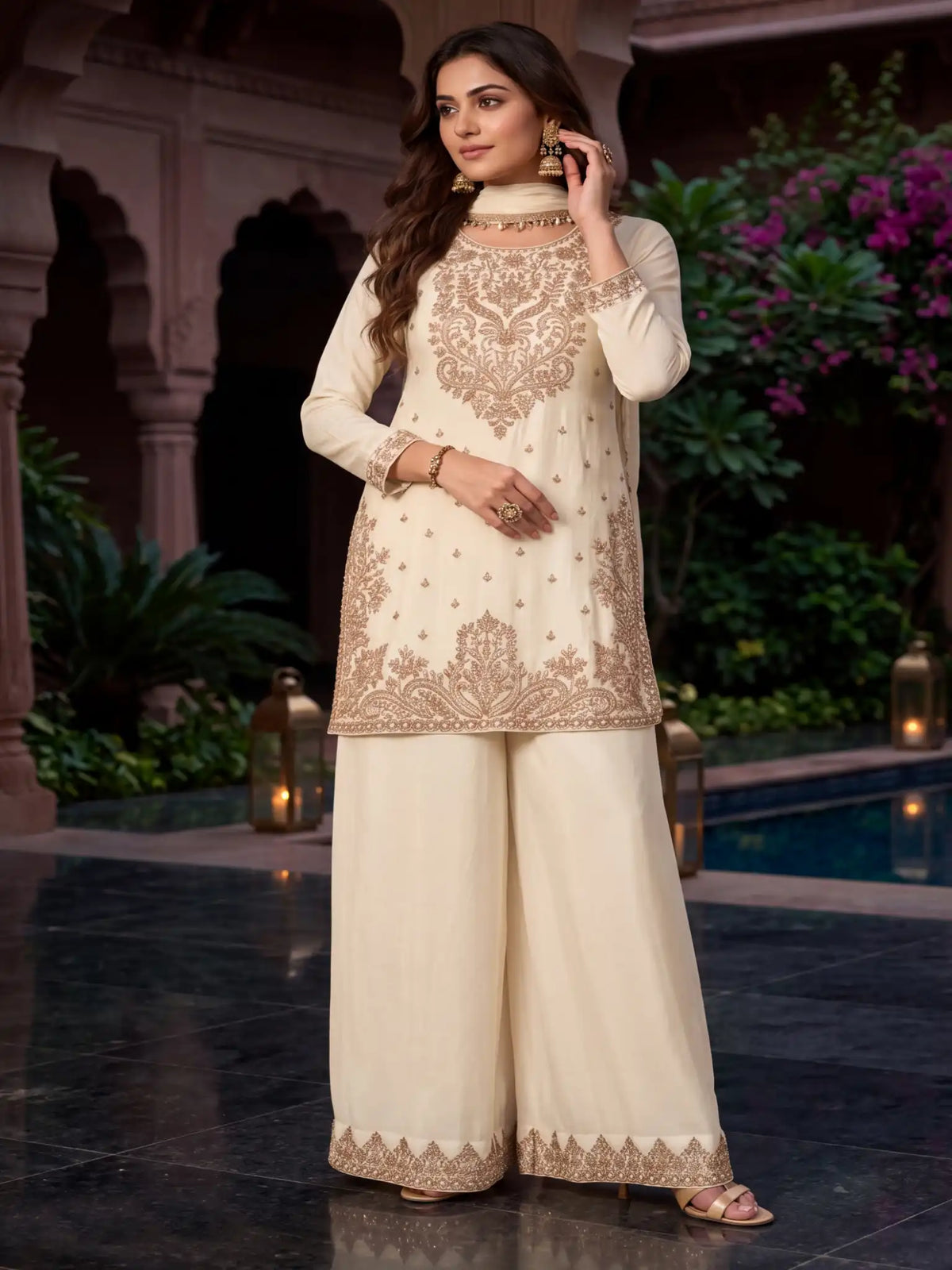 Off White Embroidered Real Chinnon Palazzo Suit Set - View 1