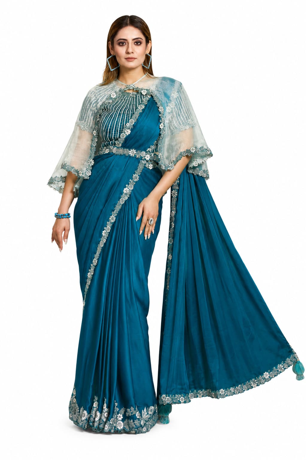 Teal Peacock Blue Saree - Waist Belt and Detailed Embellishments
