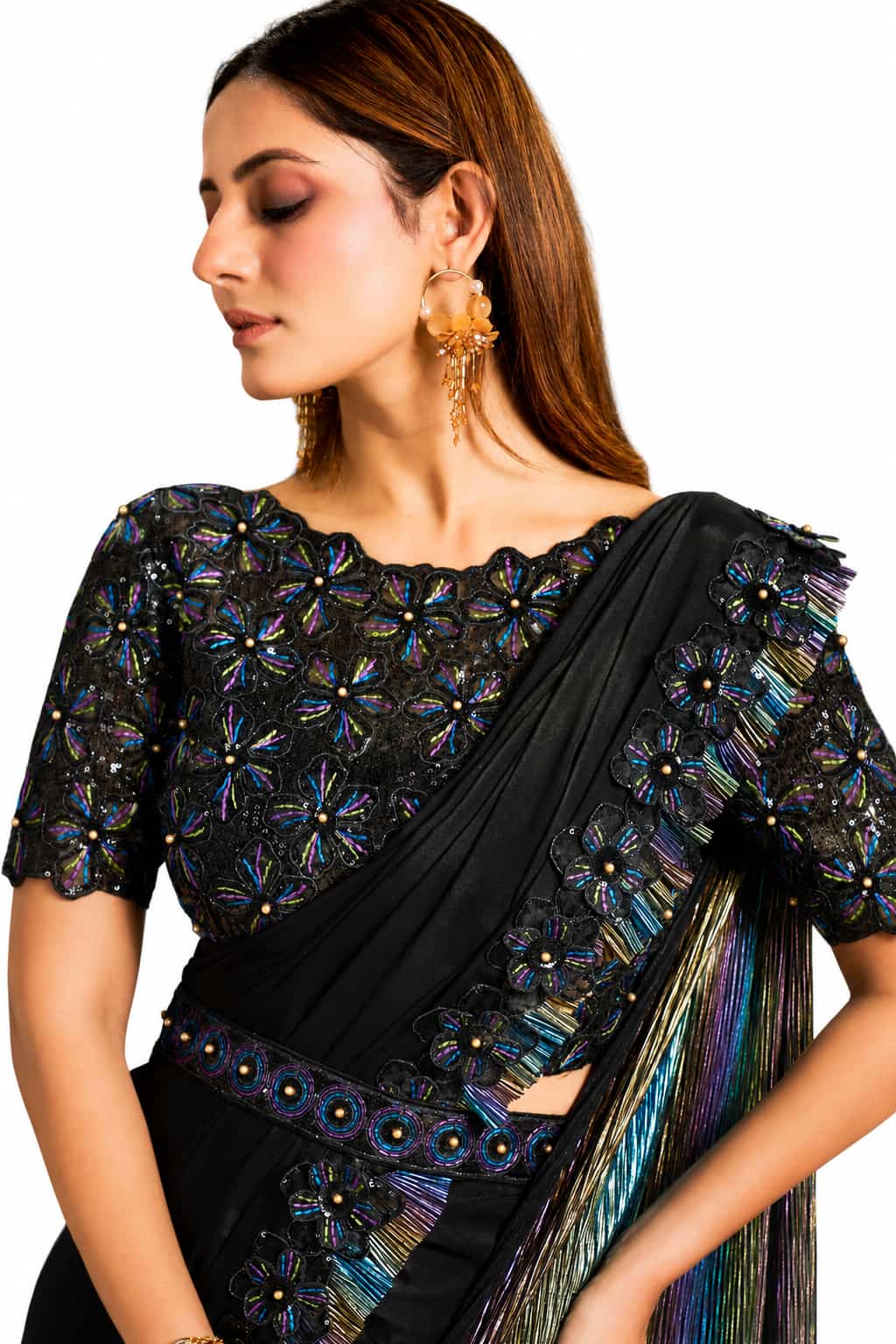 Classic Black Pre-Stitched Saree - Blouse Embroidery and Pallu Close-up