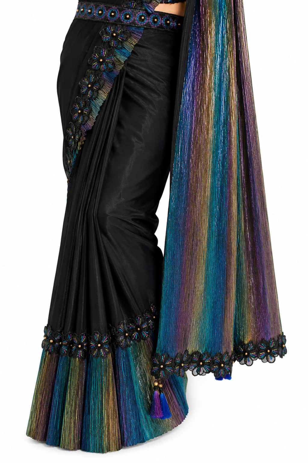 Classic Black Drape Saree - Pleats, Waist Belt, and Hem Embroidery Detail