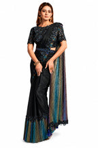 Classic Black Ready-to-Wear Drape Saree - Full Front View with Multicolor Pallu