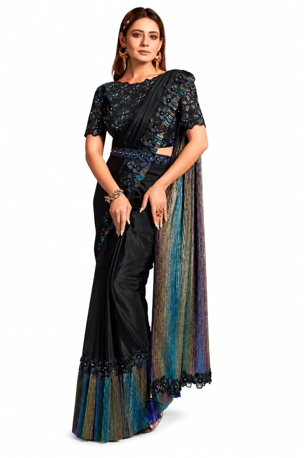 Classic Black Ready-to-Wear Drape Saree - Full Front View with Multicolor Pallu