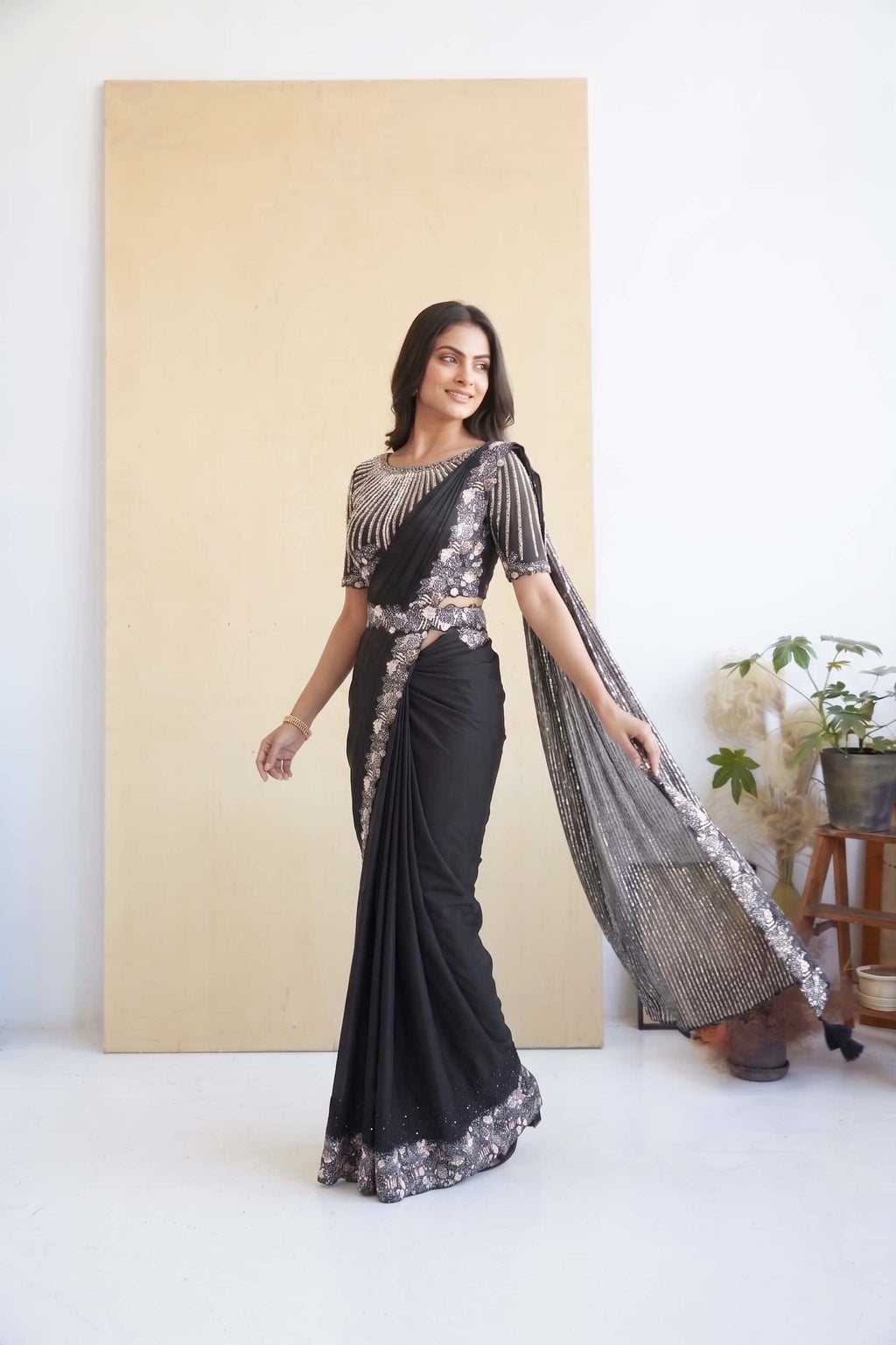 Jet Black Pre-Stitched Drape Saree - Back Drape and Linear Motif Flow
