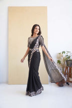 Jet Black Pre-Stitched Drape Saree - Back Drape and Linear Motif Flow