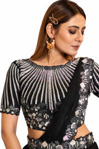 Jet Black Drape Saree - Blouse Pattern and Silver Sequence Detailing