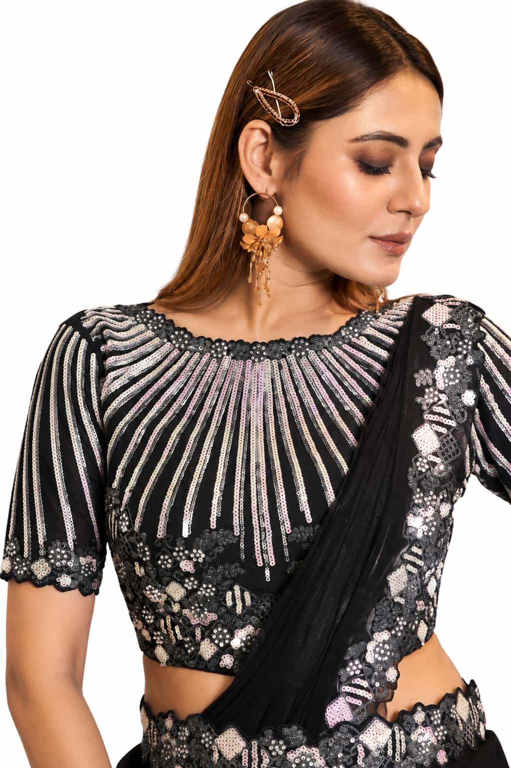 Jet Black Drape Saree - Blouse Pattern and Silver Sequence Detailing