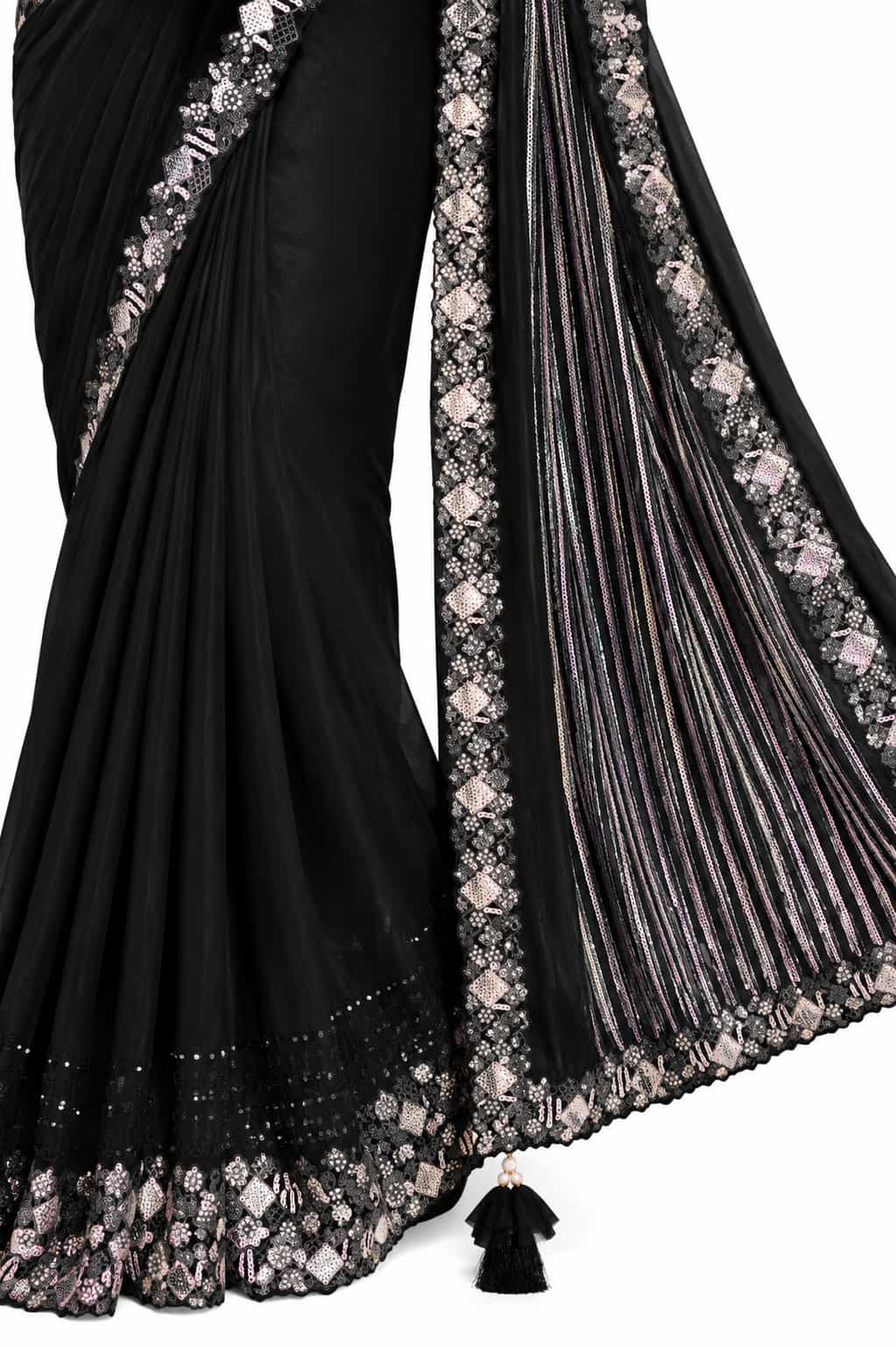 Jet Black Ready-to-Wear Saree - Scalloped Hem and Border Stone Work