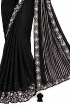 Jet Black Ready-to-Wear Saree - Scalloped Hem and Border Stone Work