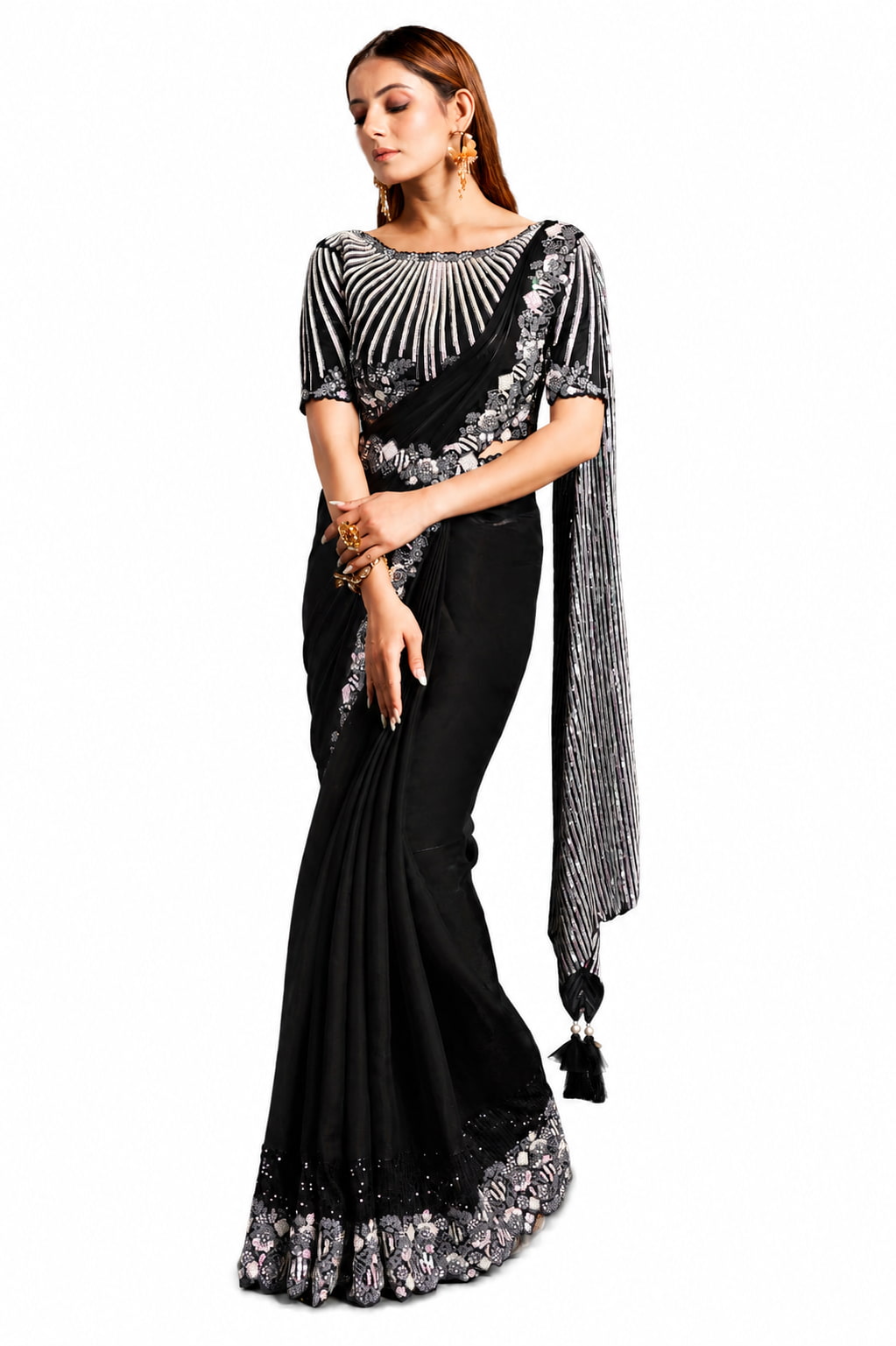 Jet Black Saree - Designer Embellished Waist Belt Close-up