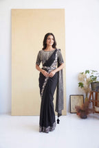 Jet Black Ready-to-Wear Drape Saree - Full Front View with Striped Pallu