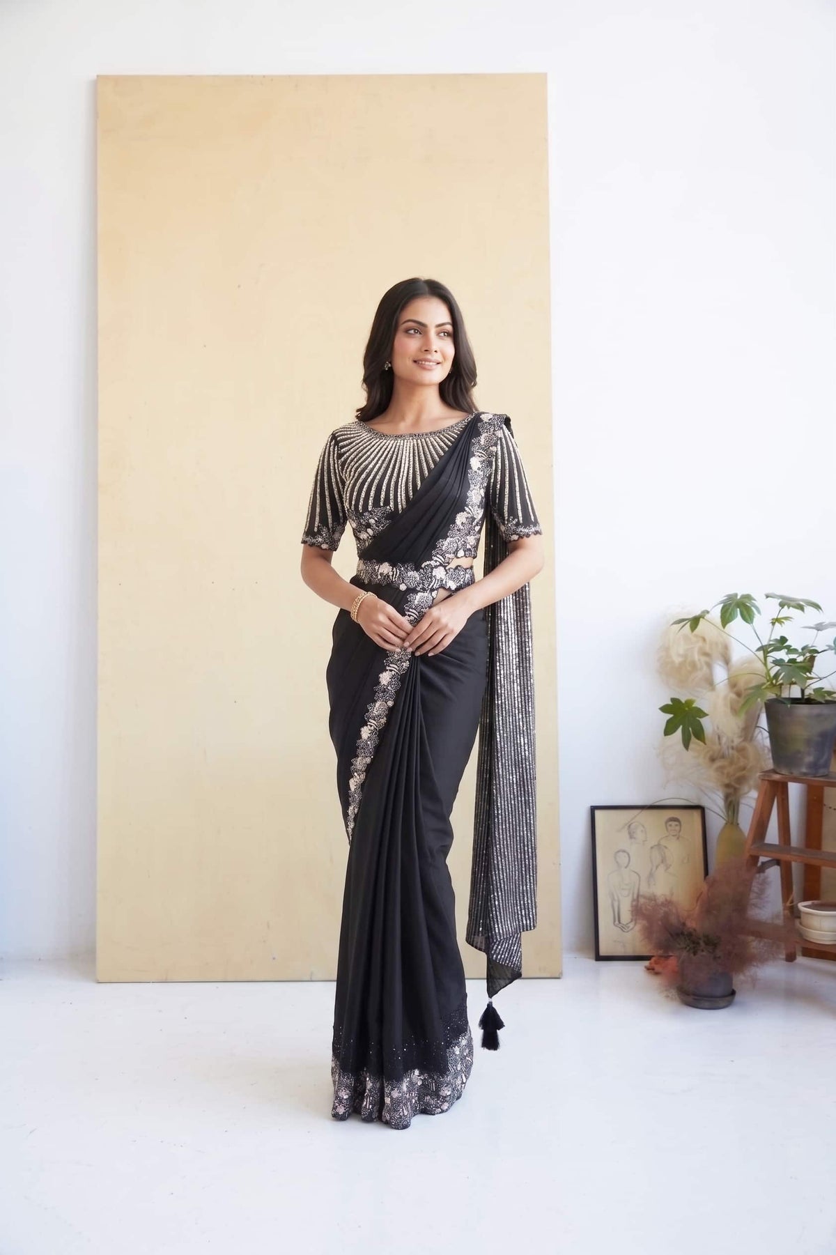 Jet Black Ready-to-Wear Drape Saree - Full Front View with Striped Pallu